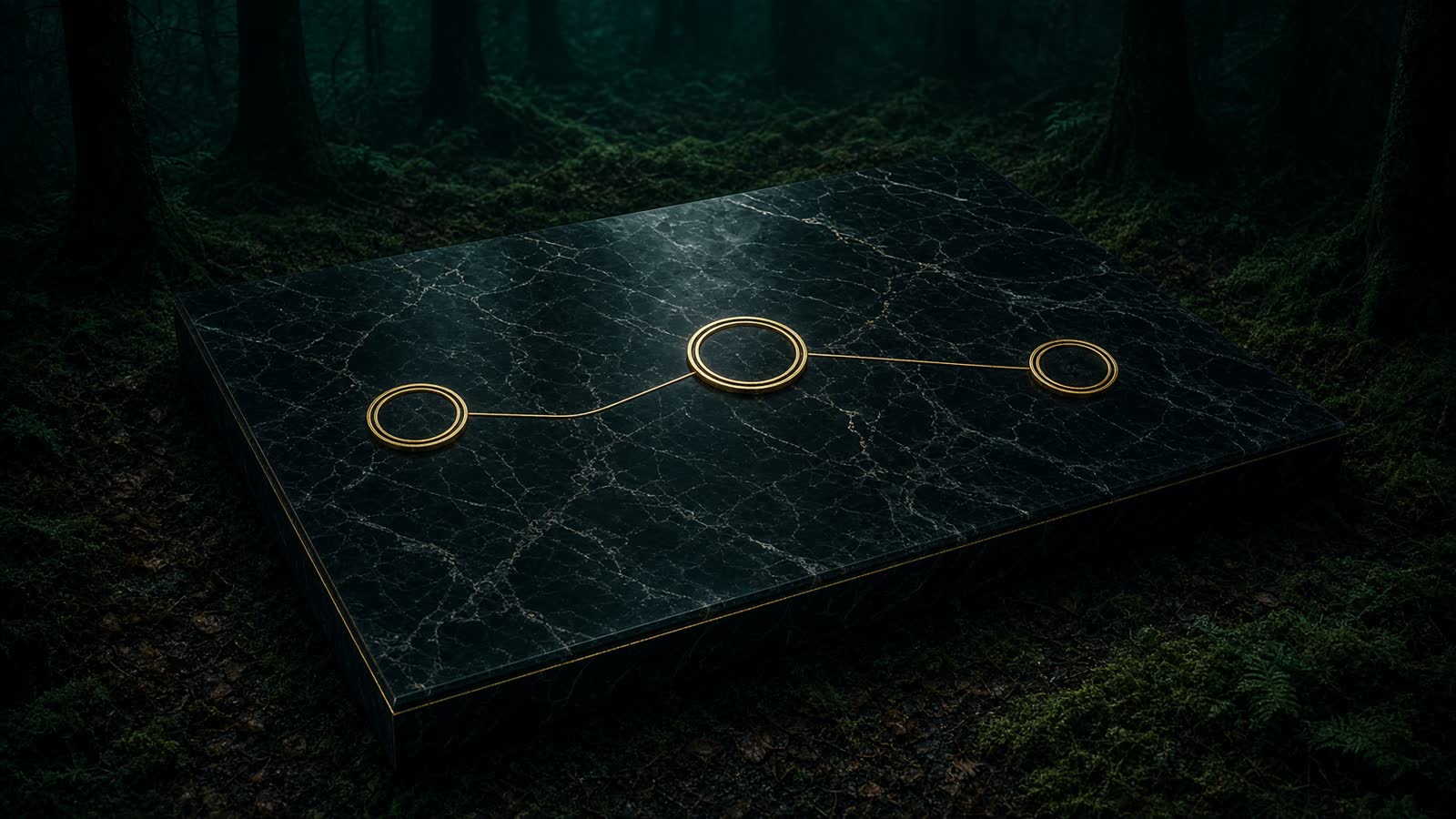 Brass inlay of three routing stations on black marble.