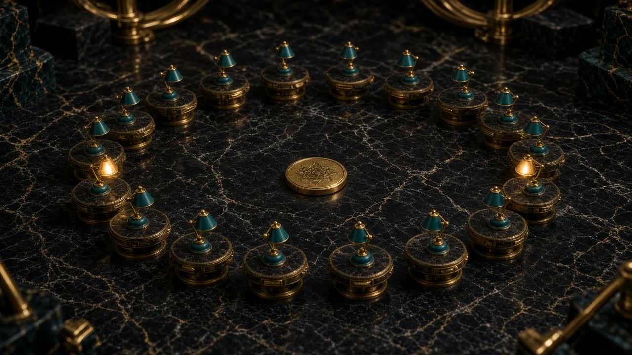 Twenty empty specialist desks in an oval around a gold ticket on dark marble.