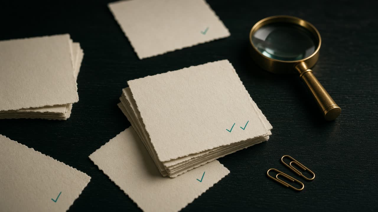 Cream contact cards, brass loupe, and teal validation marks on a dark forest desk.