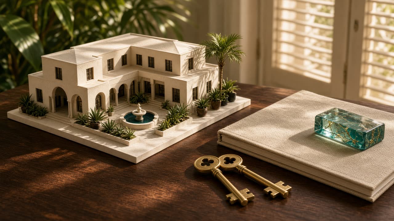 Florida courtyard model in brass and linen on a dark forest property desk.