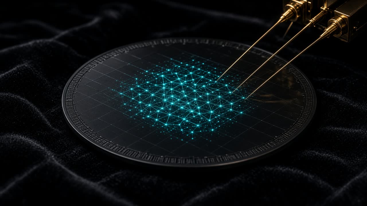 Silicon wafer on black velvet with gold probes and teal logic light in the die.