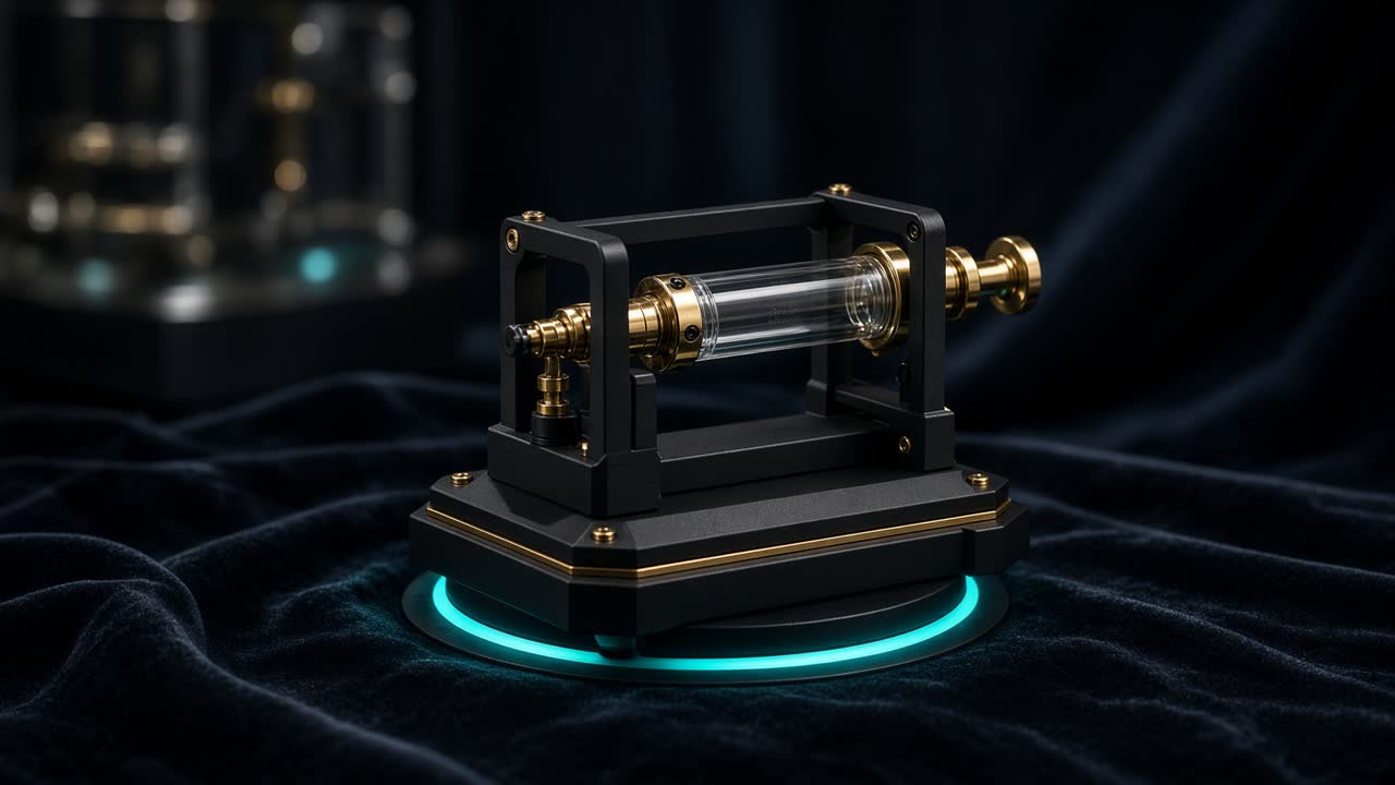 Brass metronome beside unlabeled research vials on a dark tray.